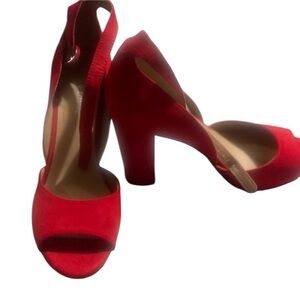 Sun + Stone size 10 red faux suede platform open toe heels with ankle wrap